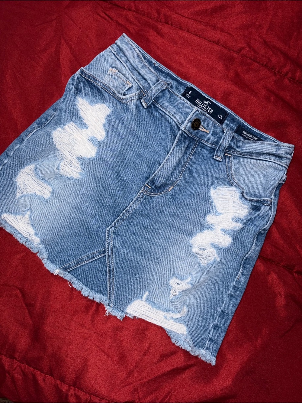 Womens Hollister Light Blue Distressed Denim Mini Skirt
